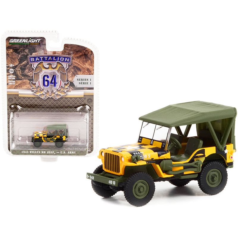 1943 Willys MB Jeep Yellow and Black with Green Top "Follow Me" U.S. Army "Battalion 64" Release 1 1/64 Diecast Model Car by Greenlight - Greenlight - ModelCars.com