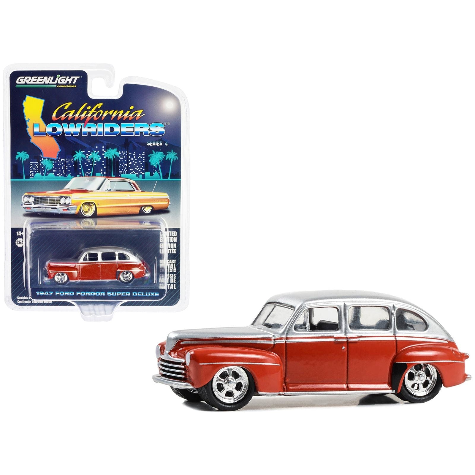1947 Ford Fordor Super Deluxe Lowrider Red and Silver Metallic "California Lowriders" Series 4 1/64 Diecast Model Car by Greenlight - Greenlight - ModelCars.com