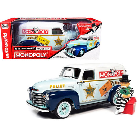 1948 Chevrolet Panel Police Van with Mr. Monopoly Figurine "Monopoly" 1/18 Diecast Model Car by Auto World-Autoworld-ModelCars.com
