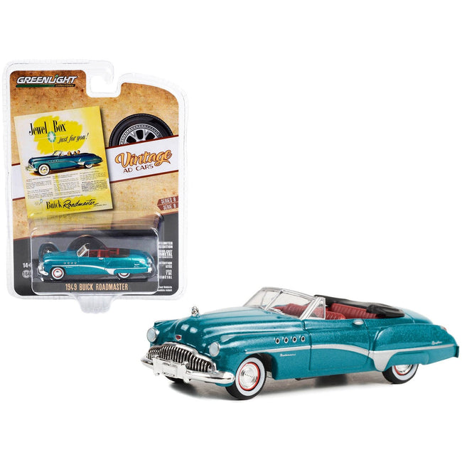 1949 Buick Roadmaster Blue Metallic with Red Interior "Jewel Box Just For You!" "Vintage Ad Cars" Series 8 1/64 Diecast Model Car by Greenlight - Greenlight - ModelCars.com