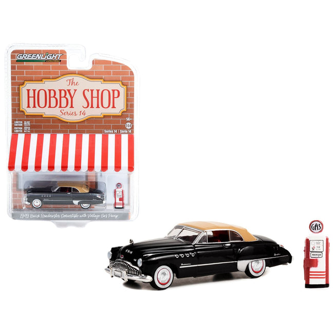 1949 Buick Roadmaster Convertible Black with Tan Soft Top and Vintage Gas Pump "The Hobby Shop" Series 14 1/64 Diecast Model Car by Greenlight - Greenlight - ModelCars.com