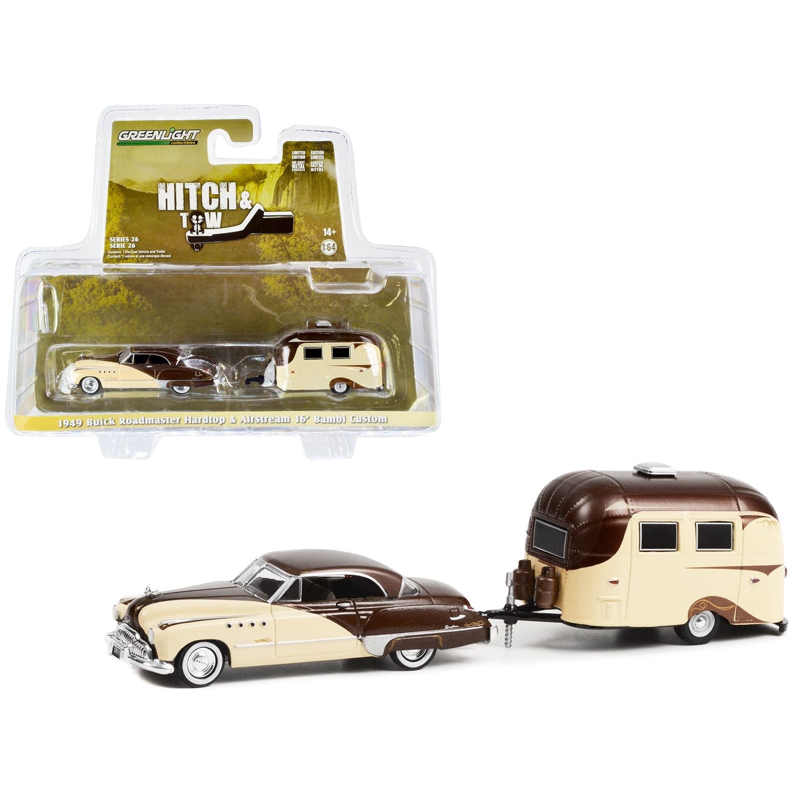 1949 Buick Roadmaster Hardtop Brown and Tan and Airstream 16' Bambi Brown and Tan "Hitch & Tow" Series 26 1/64 Diecast Model Car by Greenlight - Greenlight - ModelCars.com
