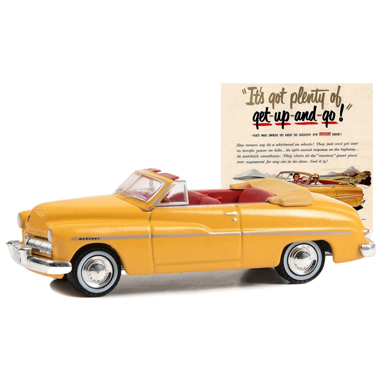 1949 Mercury Eight Convertible Yellow Metallic with Red Interior "Itâ€™s Got Plenty Of Get - Up - And - Go!" "Vintage Ad Cars" Series 9 1/64 Diecast Model Car by Greenlight - Greenlight - ModelCars.com