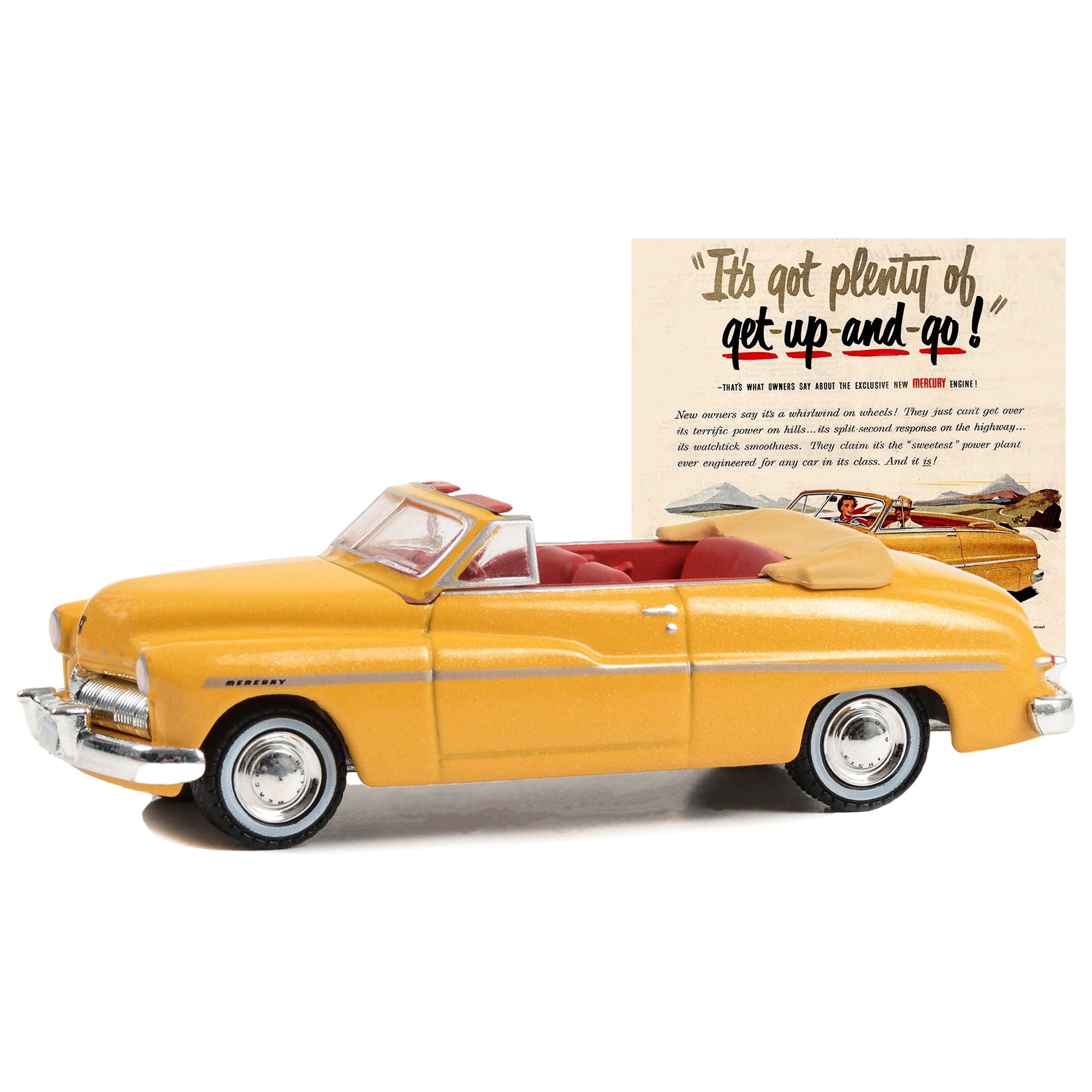 1949 Mercury Eight Convertible Yellow Metallic with Red Interior "Itâ€™s Got Plenty Of Get - Up - And - Go!" "Vintage Ad Cars" Series 9 1/64 Diecast Model Car by Greenlight - Greenlight - ModelCars.com