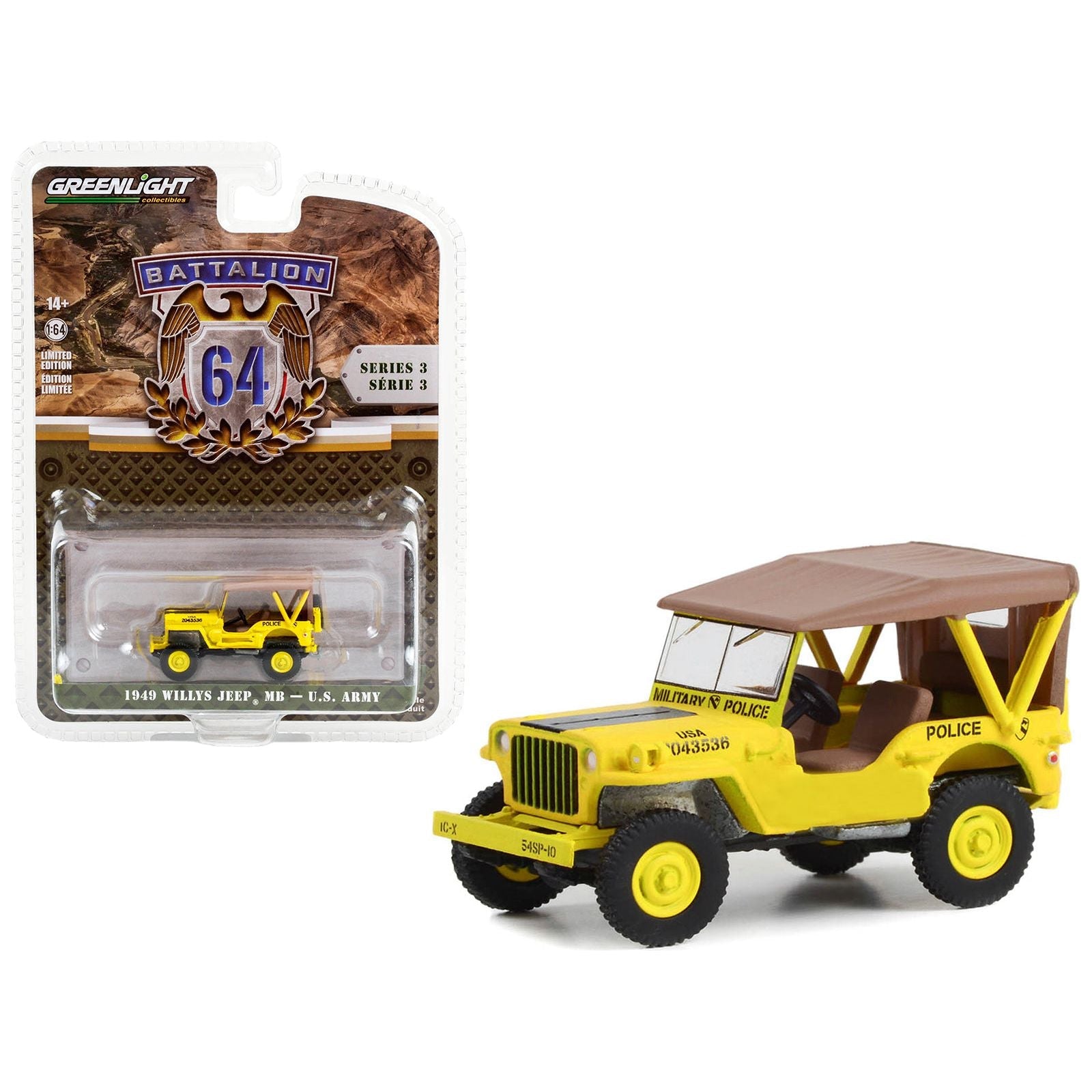 1949 Willys Jeep MB U.S. Army "545th Military Police Company Camp Drake Japan Training Camp" Yellow "Battalion 64" Series 3 1/64 Diecast Model Car by Greenlight - Greenlight - ModelCars.com