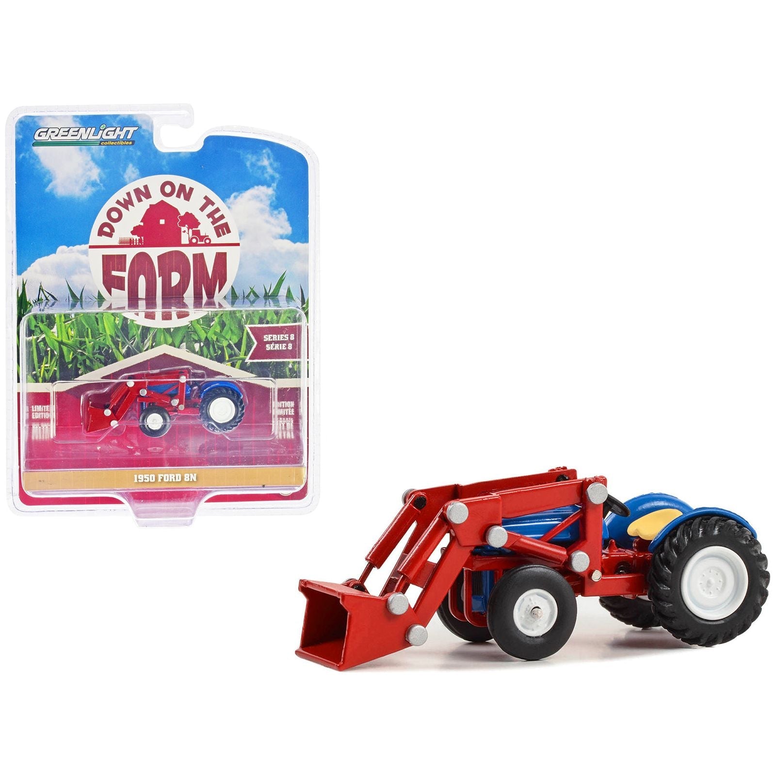 1950 Ford 8N Tractor with Front Loader Blue and Red "Down on the Farm" Series 8 1/64 Diecast Model by Greenlight - Greenlight - ModelCars.com