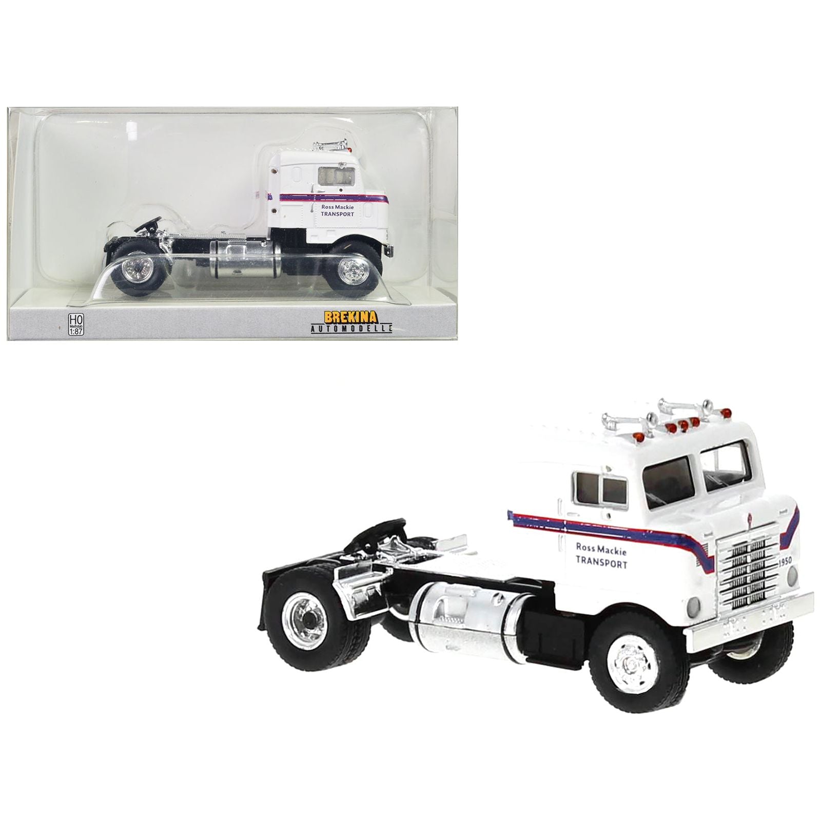 1950 Kenworth Bullnose Truck Tractor White with Blue Stripes "Ross Mackie Transport" 1/87 (HO) Scale Model Car by Brekina - Brekina - ModelCars.com