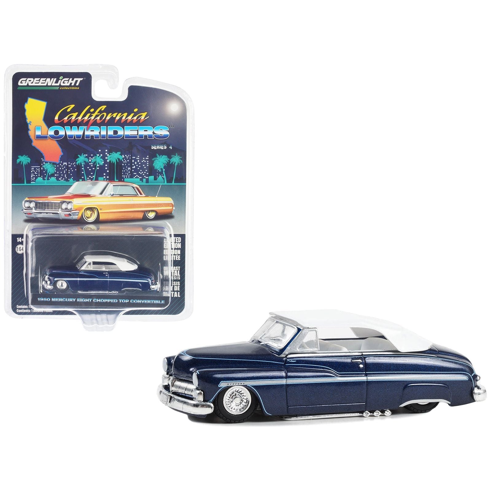 1950 Mercury Eight Chopped Top Convertible Lowrider Dark Blue Metallic with Light Blue Pinstripes and White Top and Interior "California Lowriders" Series 4 1/64 Diecast Model Car by Greenlight - Greenlight - ModelCars.com