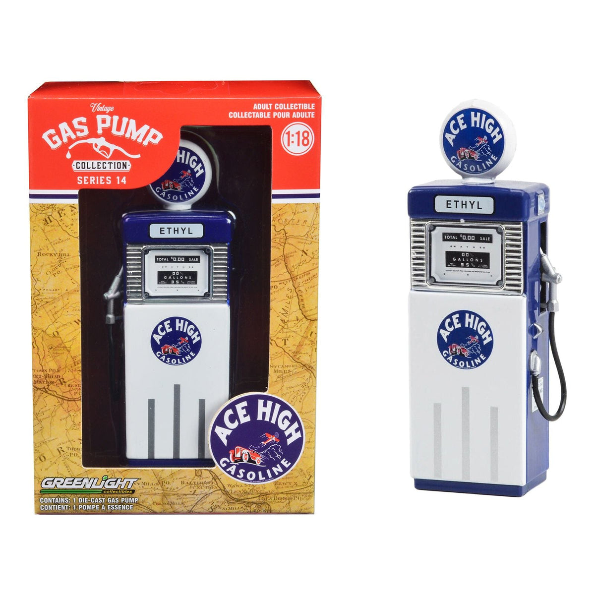 1951 Wayne 505 Gas Pump "Ace High" White and Blue "Vintage Gas Pumps" Series 14 1/18 Diecast Replica by Greenlight - Greenlight - ModelCars.com