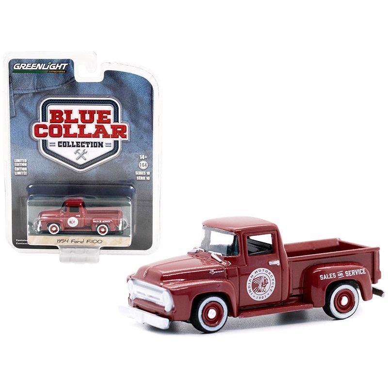 1954 Ford F-100 Pickup Truck Burgundy "Indian Motorcycle Sales & Service" "Blue Collar Collection" Series 10 1/64 Diecast Model Car by Greenlight-Greenlight-ModelCars.com