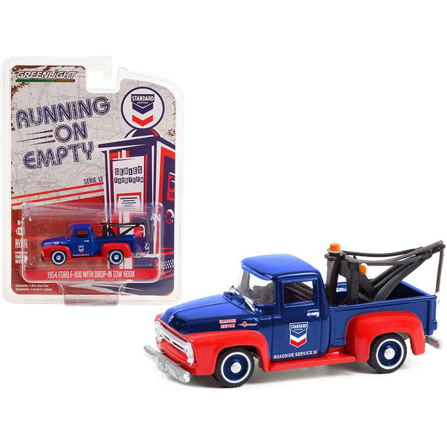 1954 Ford F-100 Tow Truck with Drop-in Tow Hook "Standard Oil" Blue and Matt Red "Running on Empty" Series 13 1/64 Diecast Model Car by Greenlight-Greenlight-ModelCars.com