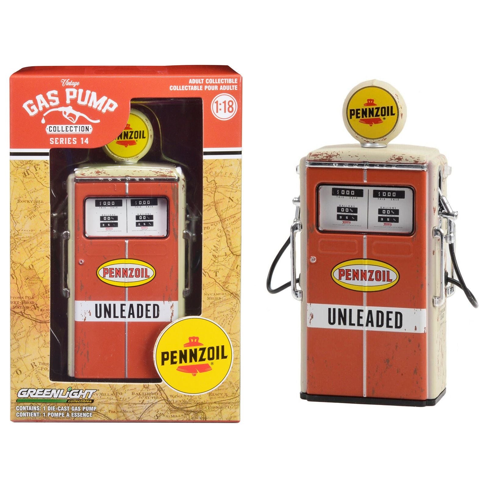 1954 Tokheim 350 Twin Gas Pump "Pennzoil Unleaded" Orange and Beige (Weathered) "Vintage Gas Pumps" Series 14 1/18 Diecast Replica by Greenlight - Greenlight - ModelCars.com