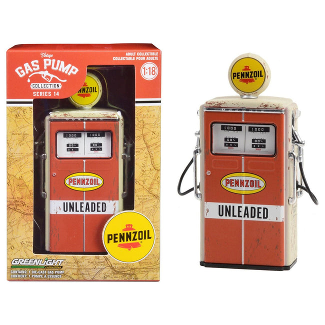 1954 Tokheim 350 Twin Gas Pump "Pennzoil Unleaded" Orange and Beige (Weathered) "Vintage Gas Pumps" Series 14 1/18 Diecast Replica by Greenlight - Greenlight - ModelCars.com
