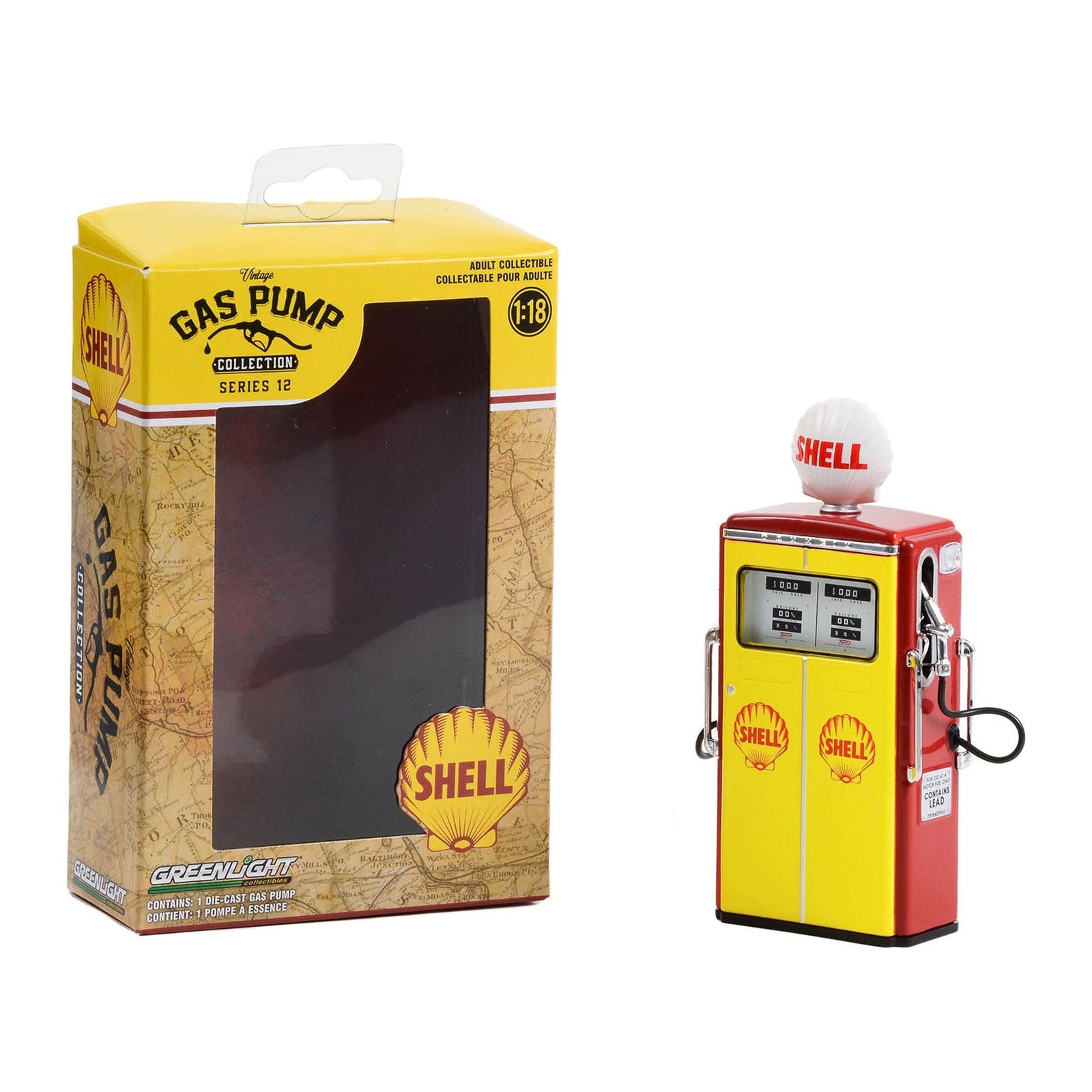 1954 Tokheim 350 Twin Gas Pump "Shell Oil" Yellow and Red "Vintage Gas Pumps" Series 12 1/18 Diecast Model by Greenlight - Greenlight - ModelCars.com