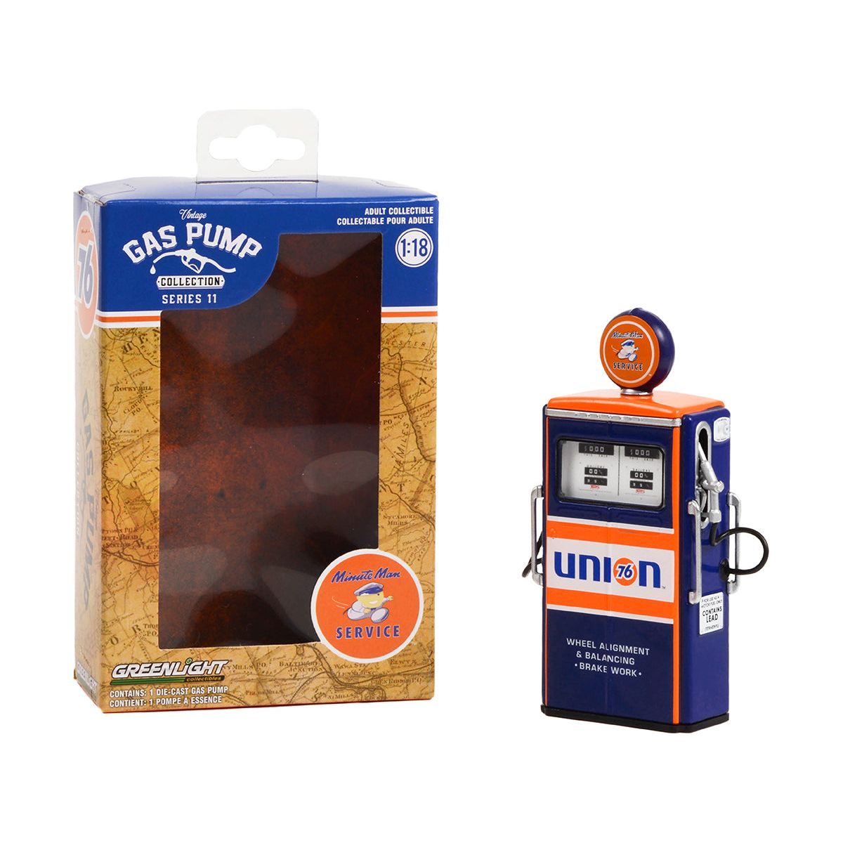 1954 Tokheim 350 Twin Gas Pump "Union 76 Minute Man Service" Dark Blue and Orange "Vintage Gas Pumps" Series 11 1/18 Diecast Model by Greenlight - Greenlight - ModelCars.com