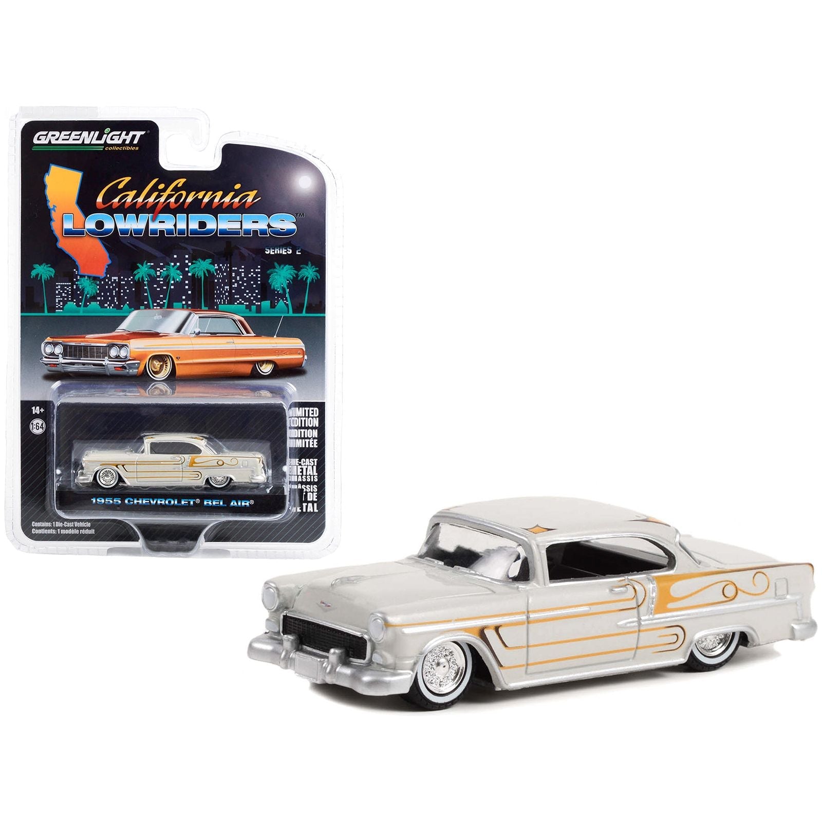 1955 Chevrolet Bel Air Custom Light Gray Metallic and Gold Graphics "California Lowriders" Series 2 1/64 Diecast Model Car by Greenlight - Greenlight - ModelCars.com