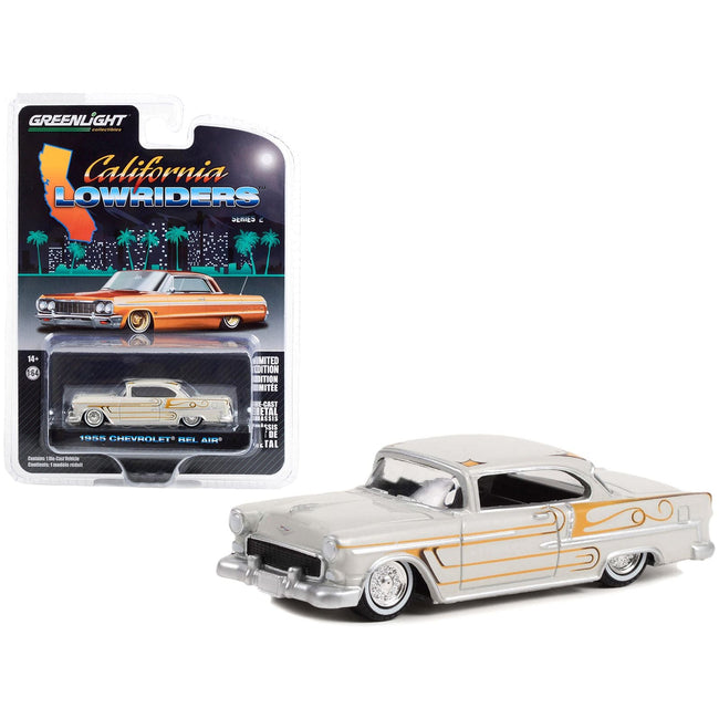 1955 Chevrolet Bel Air Custom Light Gray Metallic and Gold Graphics "California Lowriders" Series 2 1/64 Diecast Model Car by Greenlight - Greenlight - ModelCars.com