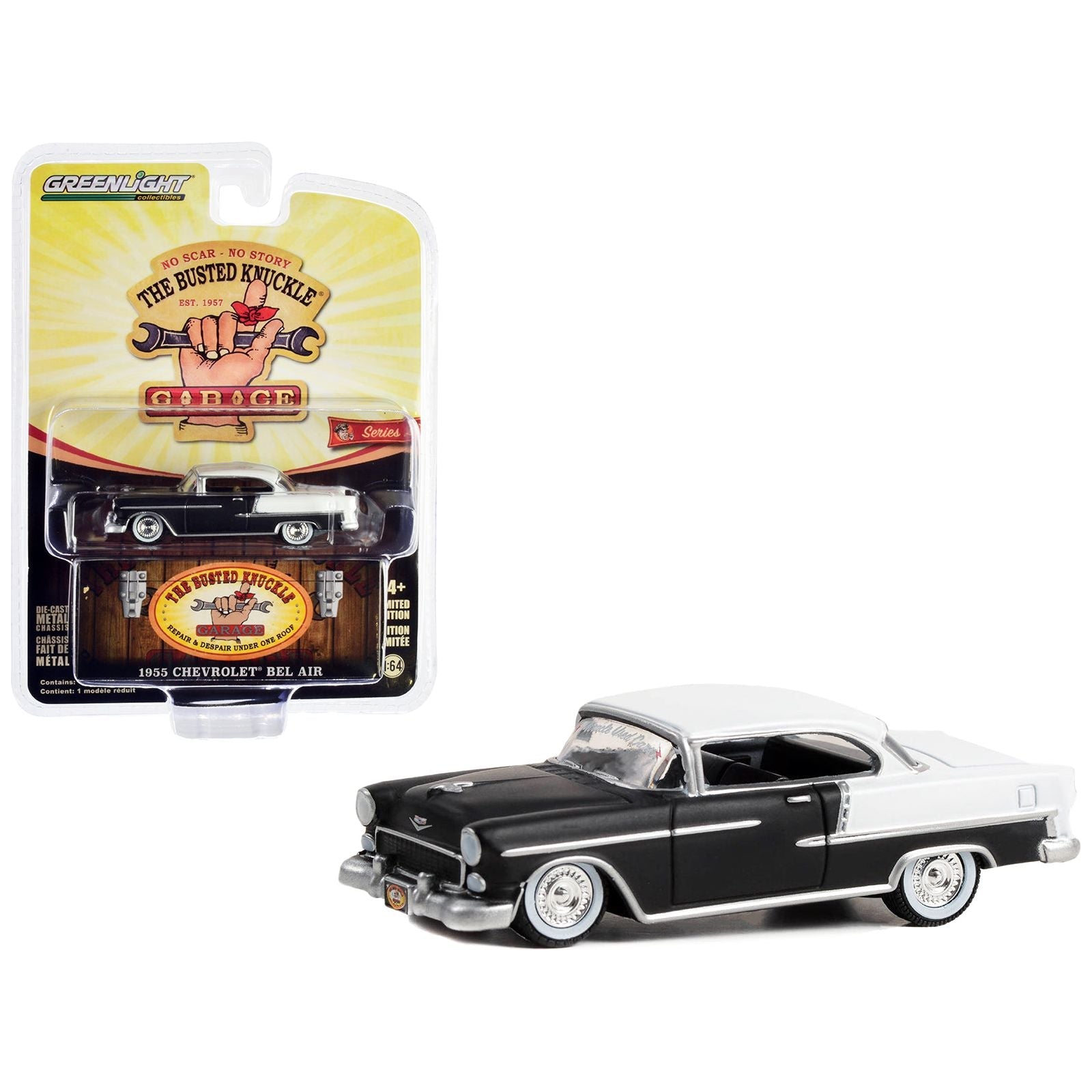 1955 Chevrolet Bel Air Lowrider Matt Black and White "Miracle Used Cars" "Busted Knuckle Garage" Series 2 1/64 Diecast Model Car by Greenlight - Greenlight - ModelCars.com