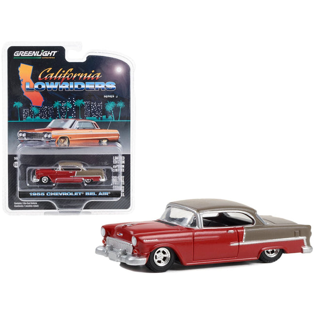 1955 Chevrolet Bel Air Lowrider Ruby Red and Matt Bronze "California Lowriders" Series 3 1/64 Diecast Model Car by Greenlight - Greenlight - ModelCars.com