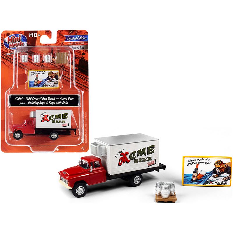 1955 Chevrolet Box Truck Red and White with Building Sign and 3 Beer Kegs with Skid "Acme Beer" 1/87 (HO) Scale Models by Classic Metal Works - Classic Metal Works - ModelCars.com