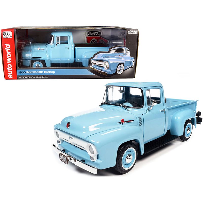 1956 Ford F-100 Mild Custom Pickup Truck Diamond Blue 1/18 Diecast Model Car by Auto World-Autoworld-ModelCars.com