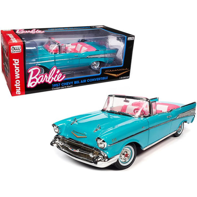 1957 Chevrolet Bel Air Convertible Aqua Blue with Pink Interior "Barbie" "Silver Screen Machines" 1/18 Diecast Model Car by Auto World - Autoworld - ModelCars.com