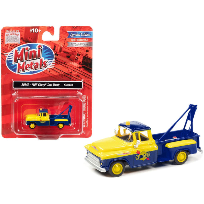 1957 Chevrolet Stepside Tow Truck "Sunoco" Blue and Yellow 1/87 (HO) Scale Model Car by Classic Metal Works - Classic Metal Works - ModelCars.com