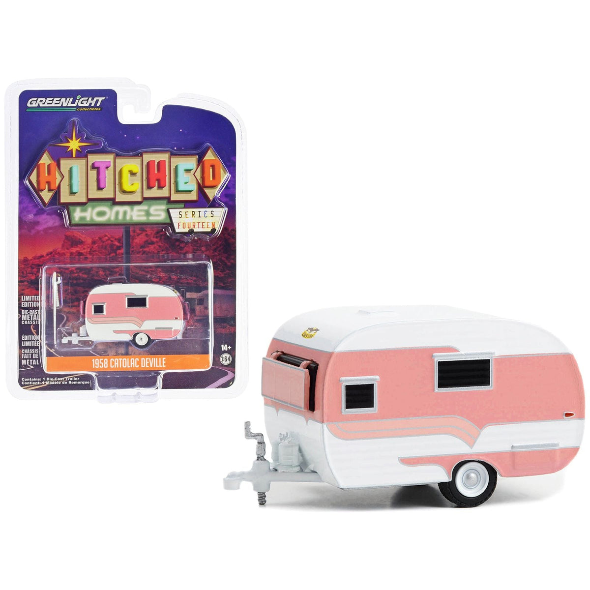 1958 Catolac DeVille Travel Trailer Pink and White "Hitched Homes" Series 14 1/64 Diecast Model by Greenlight - Greenlight - ModelCars.com