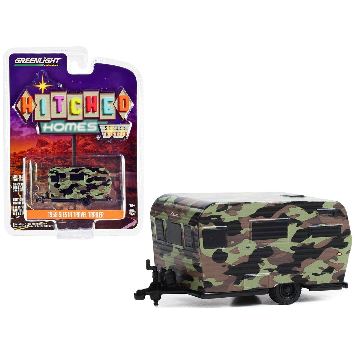 1958 Siesta Travel Trailer Camouflage "Hitched Homes" Series 13 1/64 Diecast Model by Greenlight - Greenlight - ModelCars.com