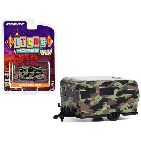 1958 Siesta Travel Trailer Camouflage "Hitched Homes" Series 13 1/64 Diecast Model by Greenlight - Greenlight - ModelCars.com