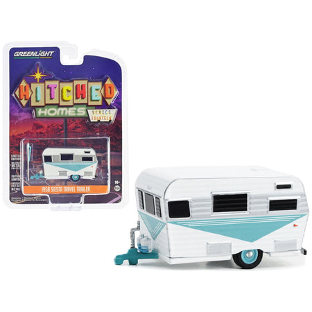 1958 Siesta Travel Trailer White and Teal with Polished Silver Stripes "Hitched Homes" Series 14 1/64 Diecast Model by Greenlight - Greenlight - ModelCars.com