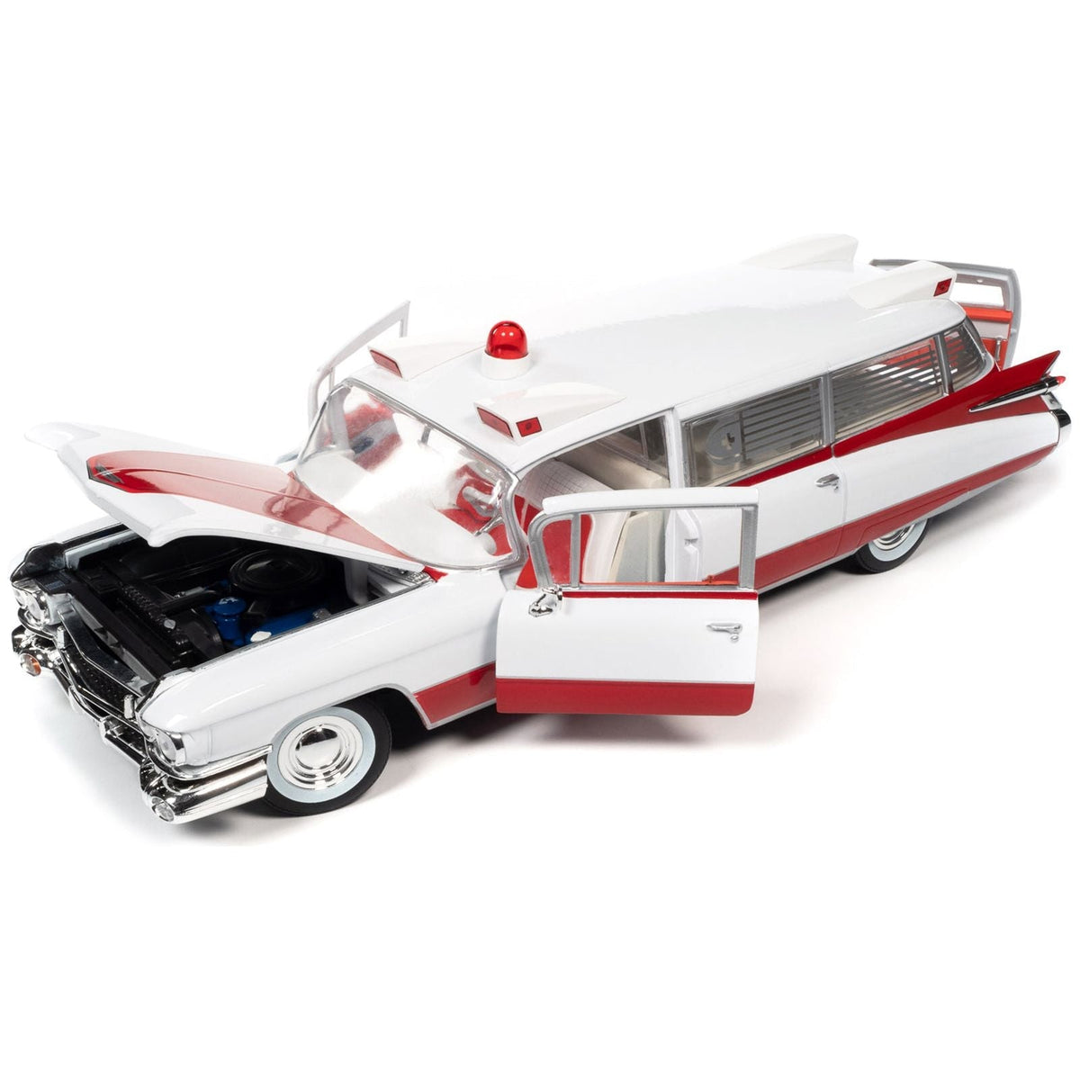 1959 Cadillac Eldorado Ambulance Red and White 1/18 Diecast Model by Auto World-Autoworld-ModelCars.com