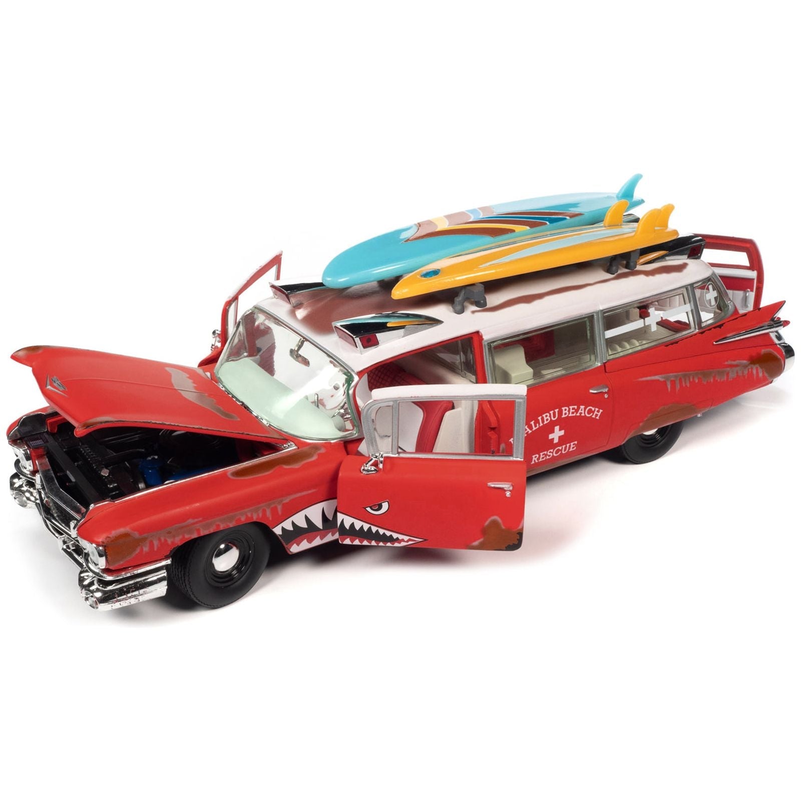 1959 Cadillac Eldorado Ambulance Red with White Top "Malibu Beach Rescue" (Weathered) with Surfboards on Roof "Surf Shark" 1/18 Diecast Model Car by Auto World - Autoworld - ModelCars.com