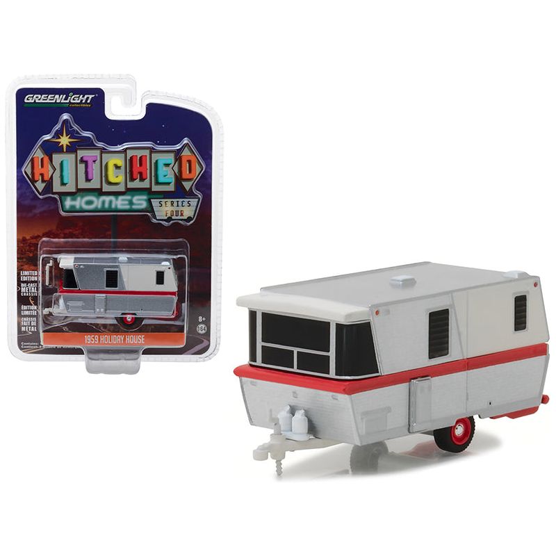 1959 Holiday House Travel Trailer Silver with Red Stripe Hitched Homes Series 4 1/64 Diecast Model by Greenlight - Greenlight - ModelCars.com