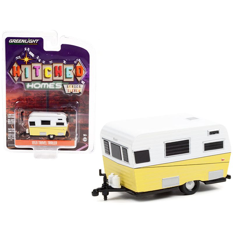 1959 Siesta Travel Trailer White and Yellow "Hitched Homes" Series 11 1/64 Diecast Model by Greenlight - Greenlight - ModelCars.com