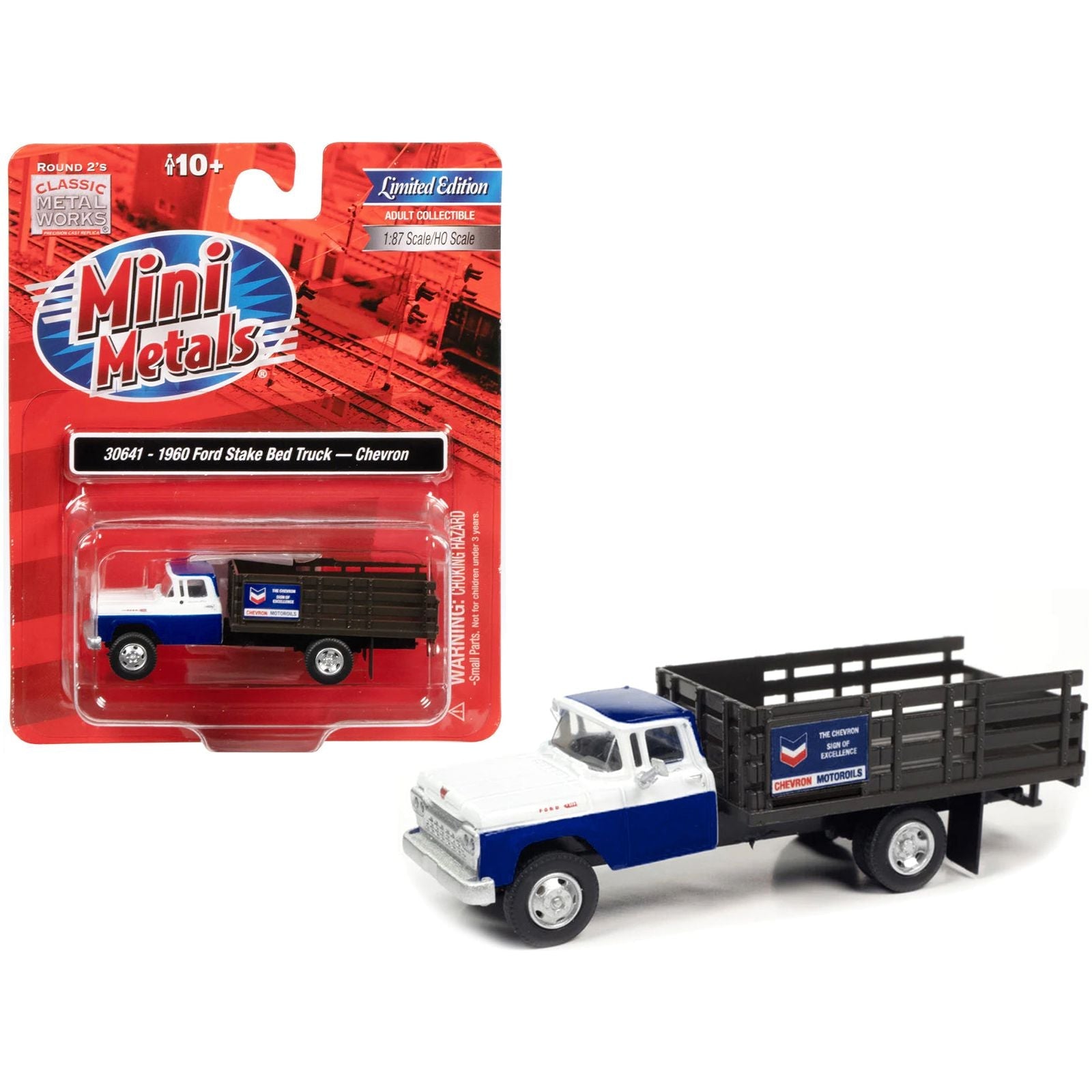 1960 Ford Stake Bed Truck "Chevron" Blue and White 1/87 (HO) Scale Model Car by Classic Metal Works - Classic Metal Works - ModelCars.com