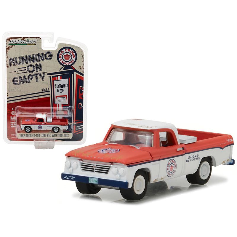 1962 Dodge D - 100 Pickup Truck Long Bed with Tool Box Red Crown Gasoline 1/64 Diecast Model Car by Greenlight - Greenlight - ModelCars.com