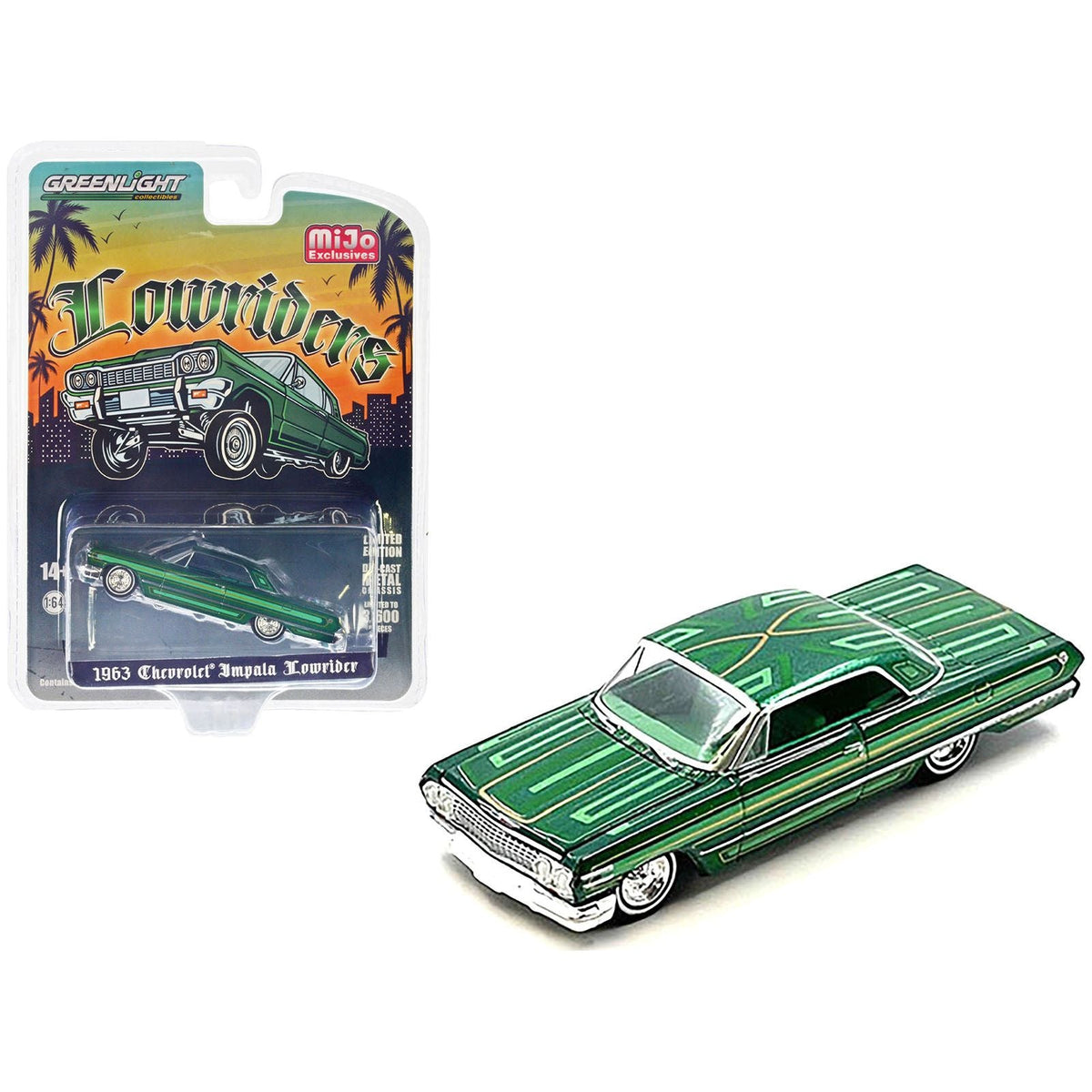1963 Chevrolet Impala Lowrider Green Metallic with Graphics and Green Interior "Lowriders" Series Limited Edition to 3600 pieces Worldwide 1/64 Diecast Model Car by Greenlight - Greenlight - ModelCars.com