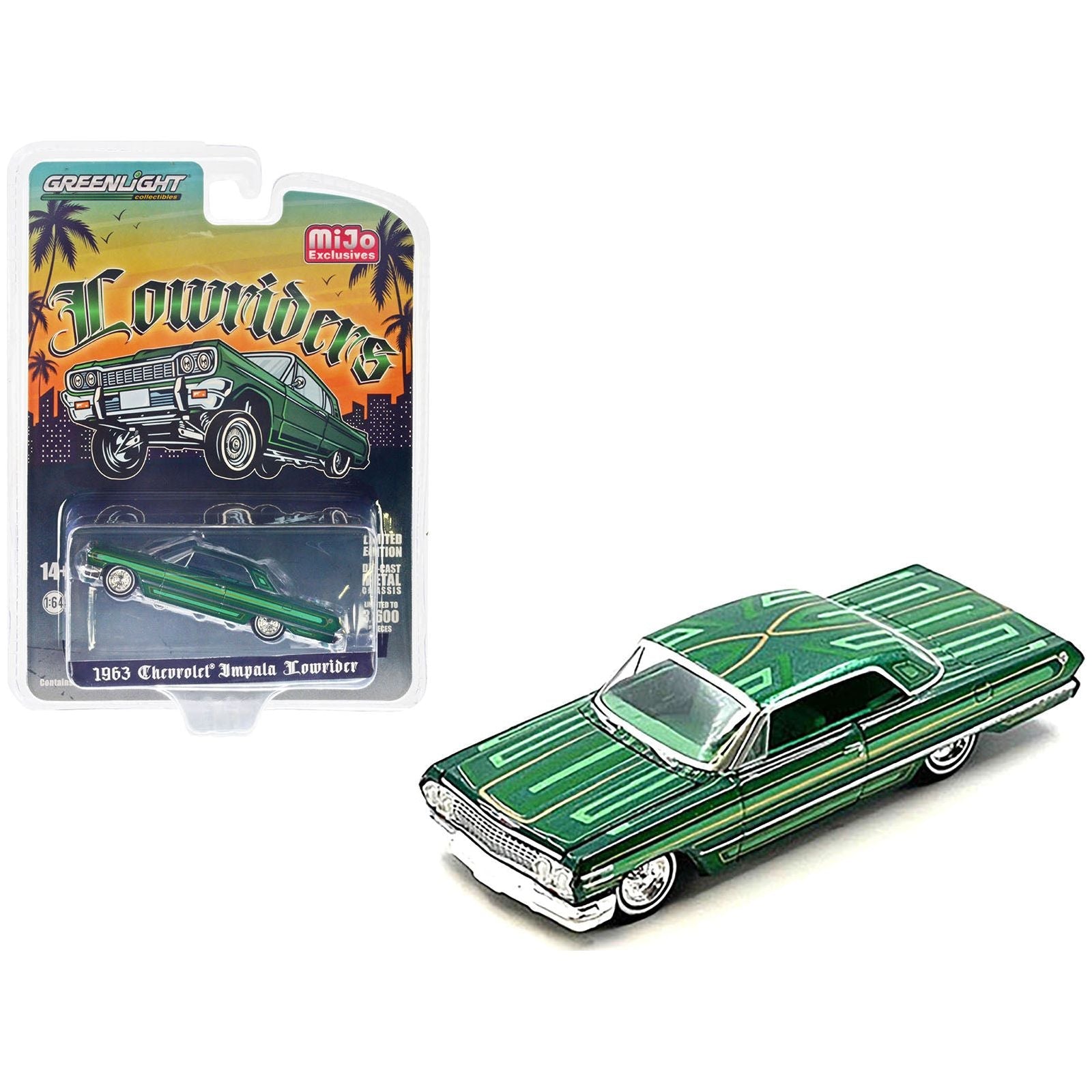 1963 Chevrolet Impala Lowrider Green Metallic with Graphics and Green Interior "Lowriders" Series Limited Edition to 3600 pieces Worldwide 1/64 Diecast Model Car by Greenlight - Greenlight - ModelCars.com