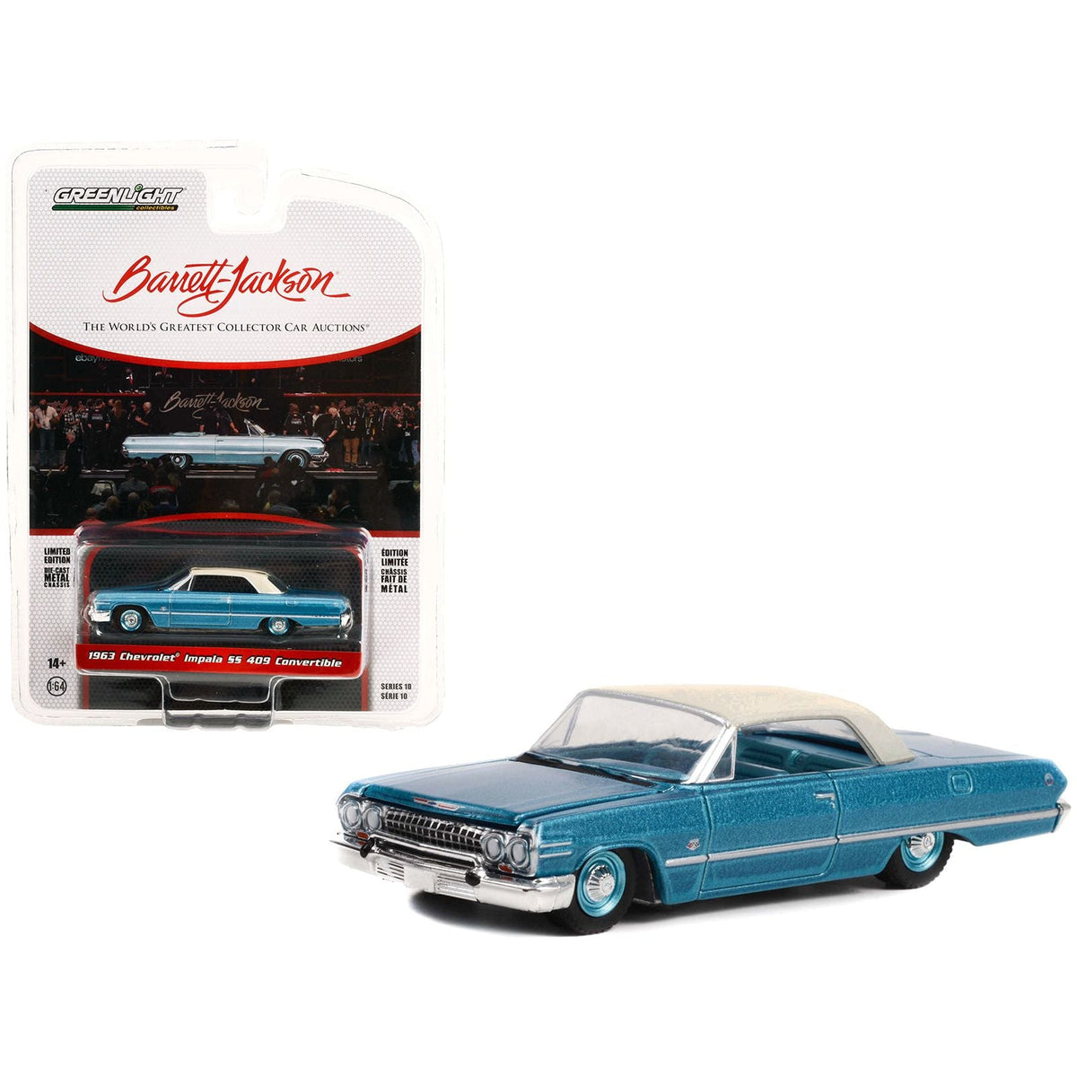 1963 Chevrolet Impala SS 409 Convertible Azure Aqua Blue Metallic with Cream Top (Lot 1119) Barrett - Jackson 'Scottsdale Edition' Series 10 1/64 Diecast Model Car by Greenlight - Greenlight - ModelCars.com