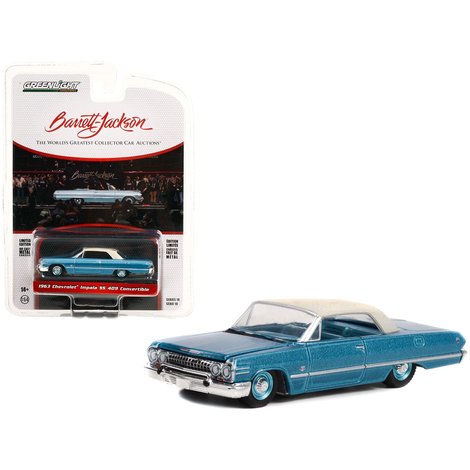 1963 Chevrolet Impala SS 409 Convertible Azure Aqua Blue Metallic with Cream Top (Lot 1119) Barrett - Jackson 'Scottsdale Edition' Series 10 1/64 Diecast Model Car by Greenlight - Greenlight - ModelCars.com