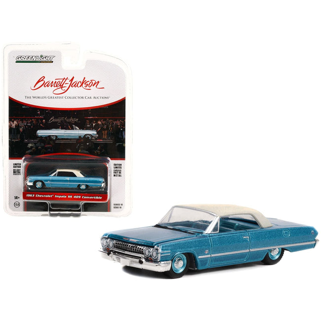 1963 Chevrolet Impala SS 409 Convertible Azure Aqua Blue Metallic with Cream Top (Lot 1119) Barrett - Jackson 'Scottsdale Edition' Series 10 1/64 Diecast Model Car by Greenlight - Greenlight - ModelCars.com