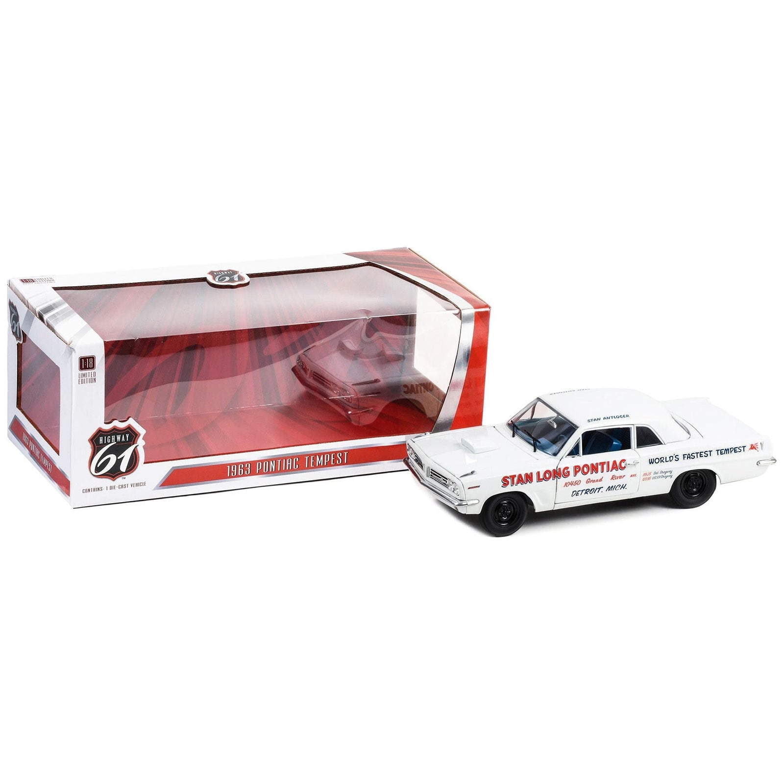 1963 Pontiac Tempest White with Blue Interior "Stan Long Pontiac Detroit Michigan - World's Fastest Tempest" Driven by Stan Antlocer 1/18 Diecast Model Car by Highway 61 - Highway 61 - ModelCars.com