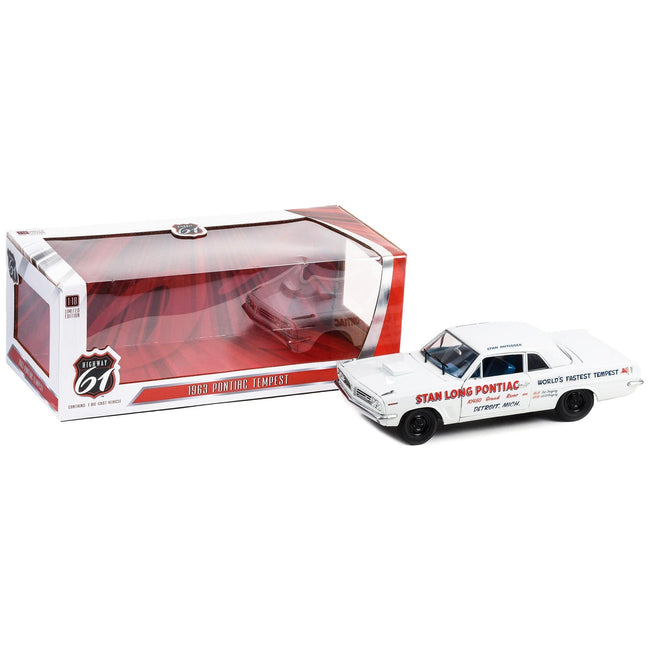 1963 Pontiac Tempest White with Blue Interior "Stan Long Pontiac Detroit Michigan - World's Fastest Tempest" Driven by Stan Antlocer 1/18 Diecast Model Car by Highway 61 - Highway 61 - ModelCars.com