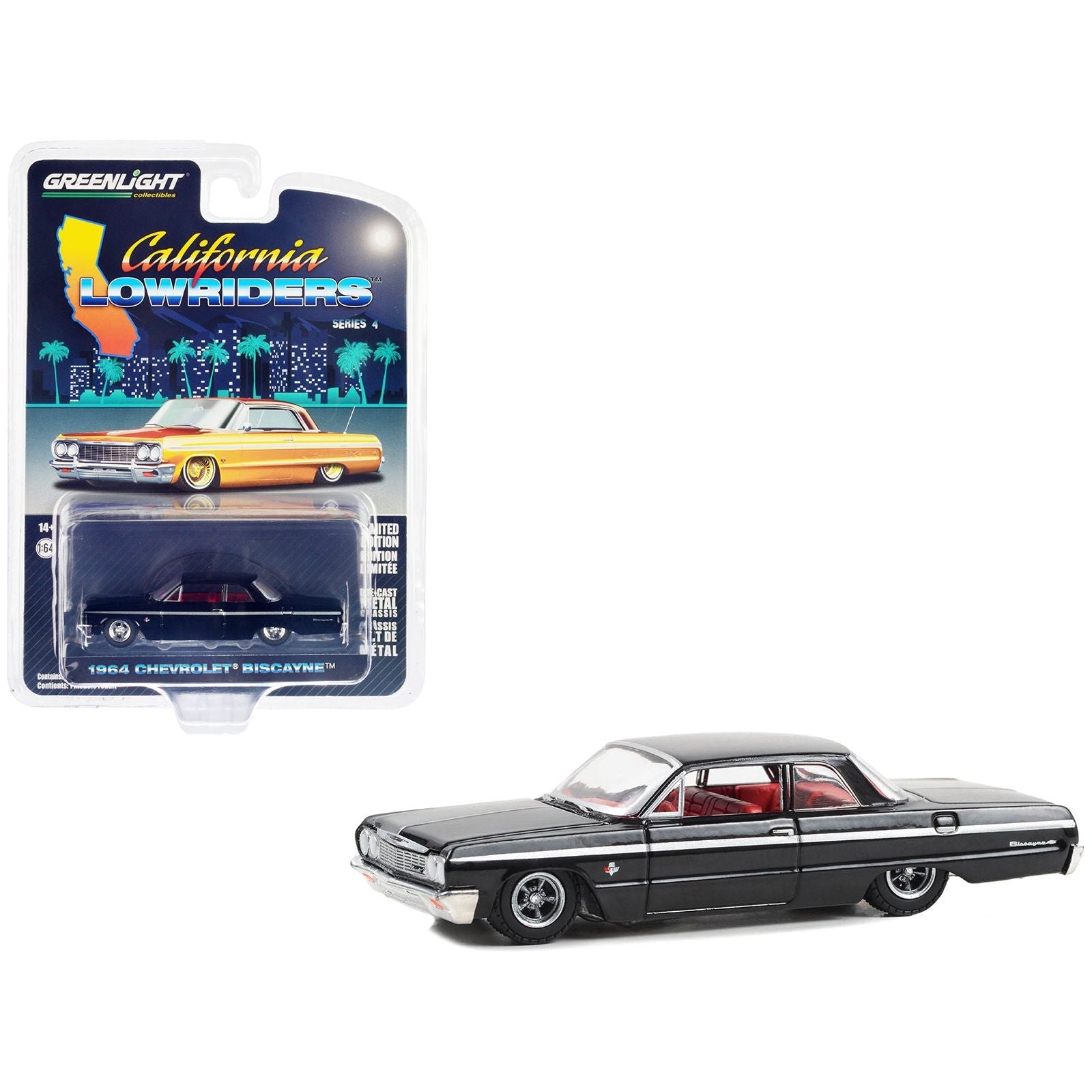 1964 Chevrolet Biscayne Lowrider Black with Red Interior "California Lowriders" Series 4 1/64 Diecast Model Car by Greenlight - Greenlight - ModelCars.com