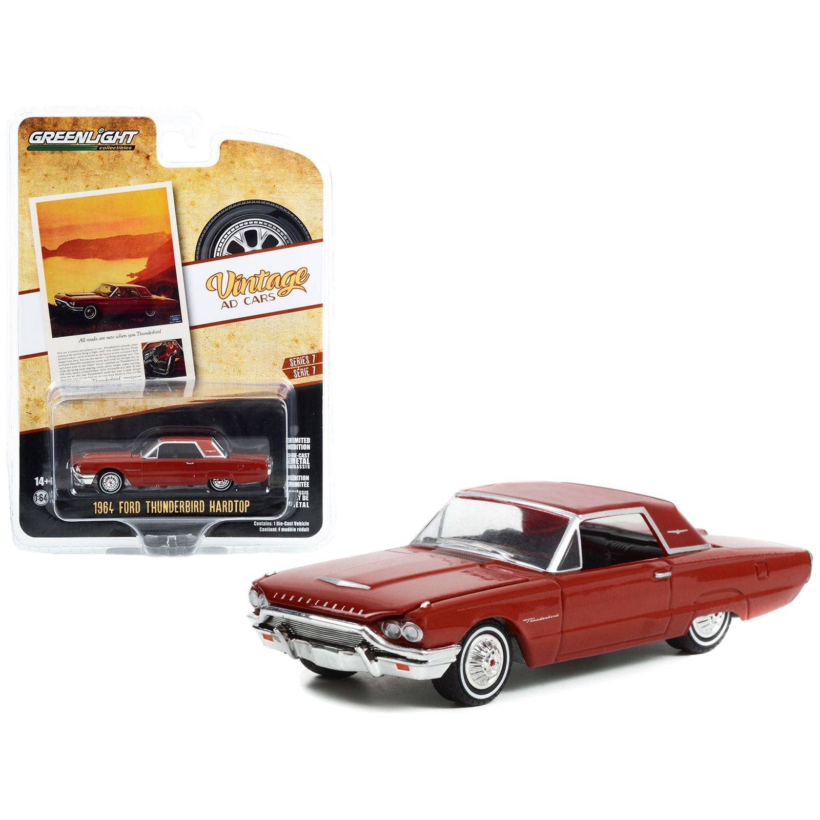 1964 Ford Thunderbird Hardtop Red "All Roads Are New When You Thunderbird" "Vintage Ad Cars" Series 7 1/64 Diecast Model Car by Greenlight - Greenlight - ModelCars.com