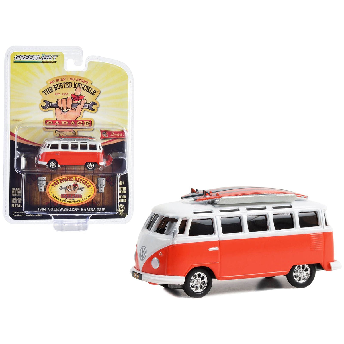 1964 Volkswagen Samba Bus Orange and White with Surfboards "The Busted Knuckle Garage Service & Sales" "Busted Knuckle Garage" Series 2 1/64 Diecast Model Car by Greenlight - Greenlight - ModelCars.com
