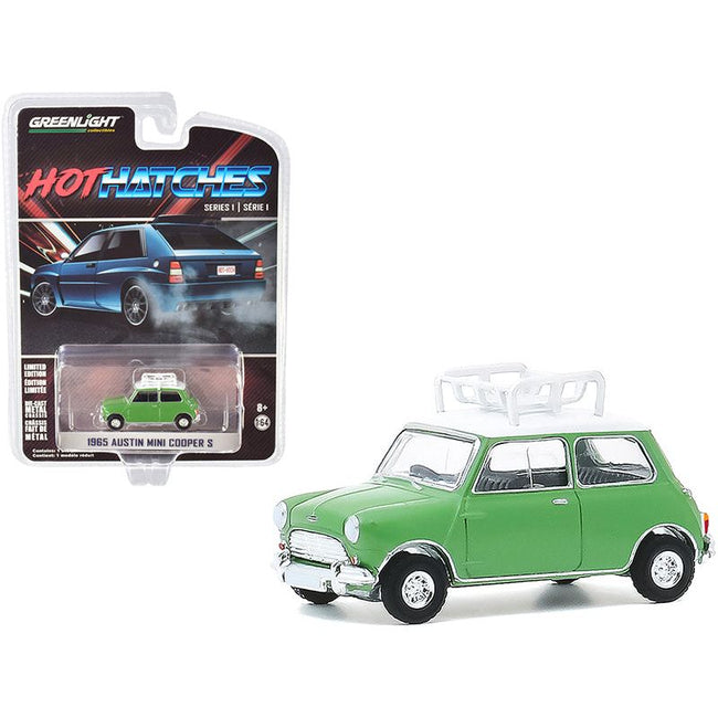 1965 Austin Mini Cooper S with Roof Rack Green with White Top "Hot Hatches" Series 1 1/64 Diecast Model Car by Greenlight - Greenlight - ModelCars.com