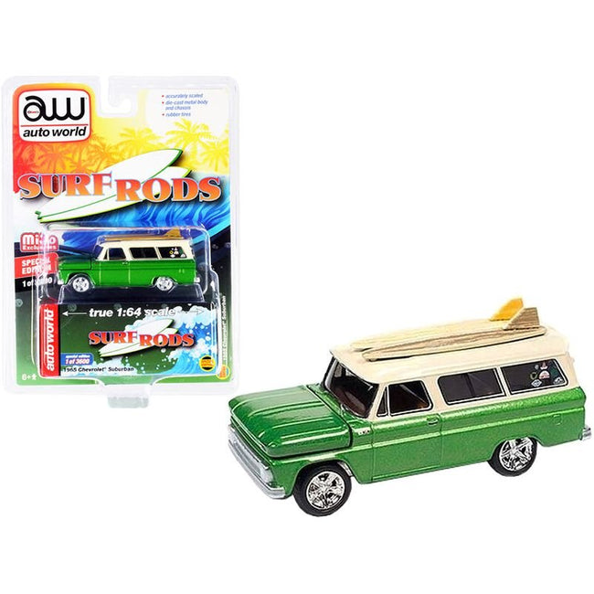 1965 Chevrolet Suburban Green Metallic and Cream with Two Surfboards "Surf Rods" Limited Edition to 3600 pieces Worldwide 1/64 Diecast Model Car by Auto World - Autoworld - ModelCars.com