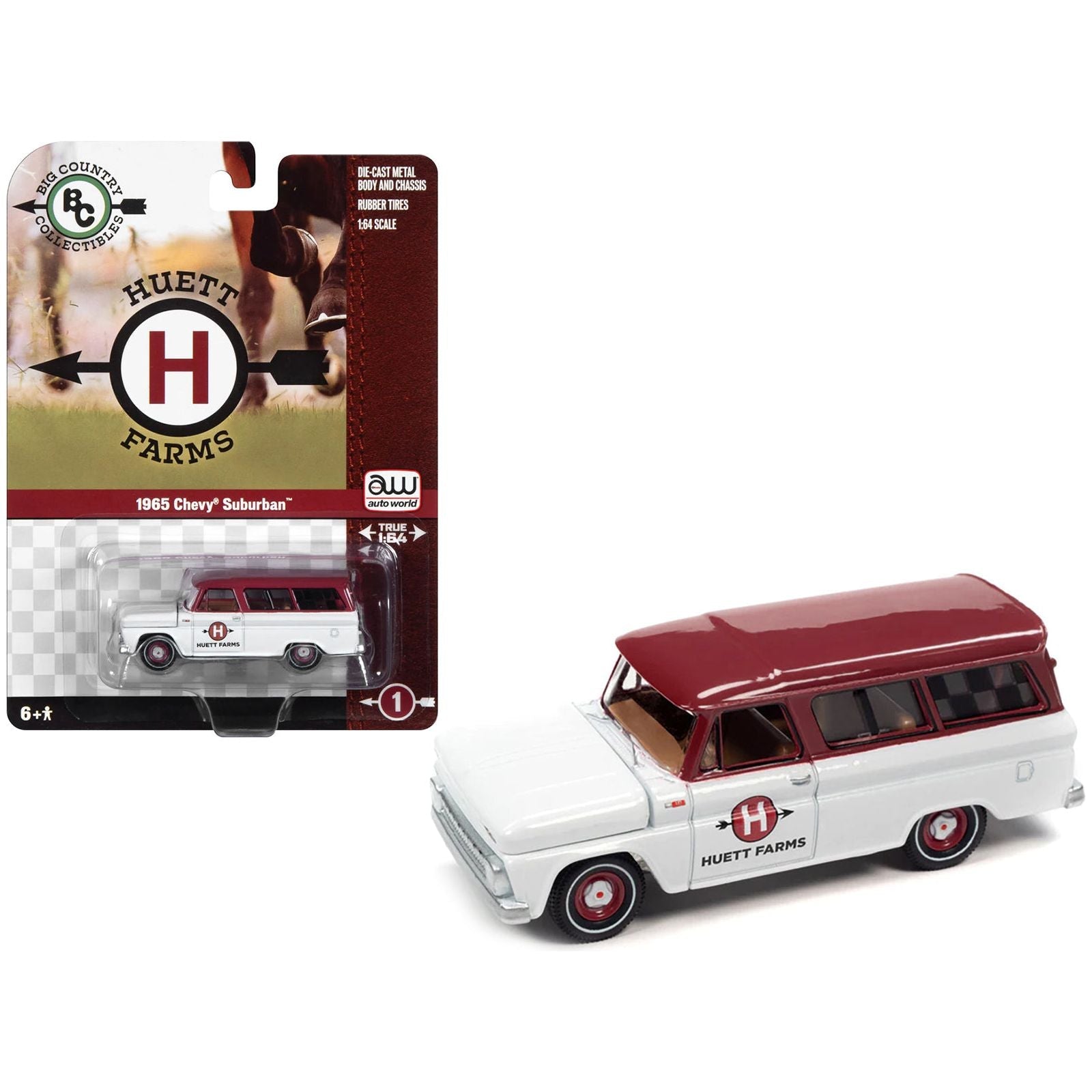 1965 Chevrolet Suburban White with Red Top "Huett Farms" "Big Country Collectibles" 2023 Release 1 1/64 Diecast Model Car by Auto World - Autoworld - ModelCars.com